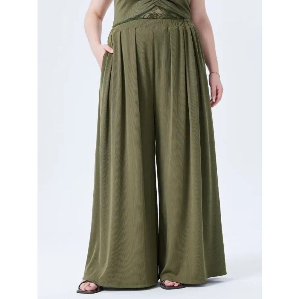Cider pull on wide leg pants olive green high rise stretch waist ribbed 2XL - Picture 9 of 10